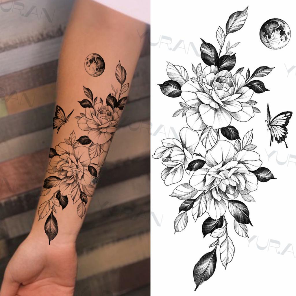 Zwarte Grote Slang Bloem Fake Tattoo Sticker Voor Vrouwen Dot Rose Pioen Tijdelijke Tattoos DIY Water Transfer Tatoos Meisjes