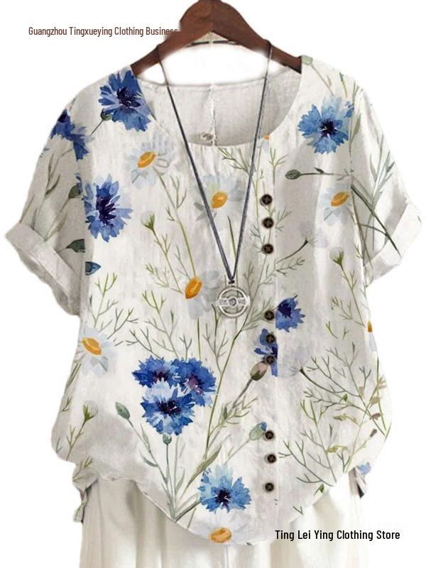 Women's Summer Retro Print Loose Cotton-Linen Short Sleeve Casual T-Shirt