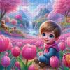 1000pcs Advanced Jigsaw Puzzle Suitable for & - Colorful Forest with Pink Flower Field, Figures & Waterfall - Portable Brain for, Wedding Gifts, Birth