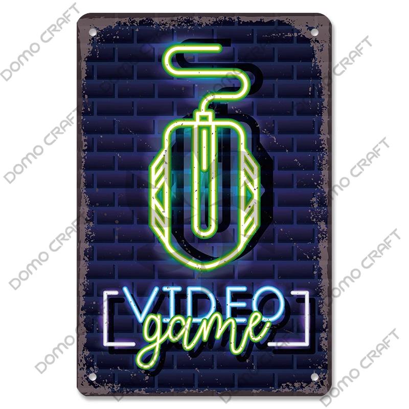 Poster Neon pentru jocuri video Placă metalică Gamer Play Win Game Zone Semne de tablă din metal Decor de perete retro Sala de jocuri Bar Pub Peștera omului