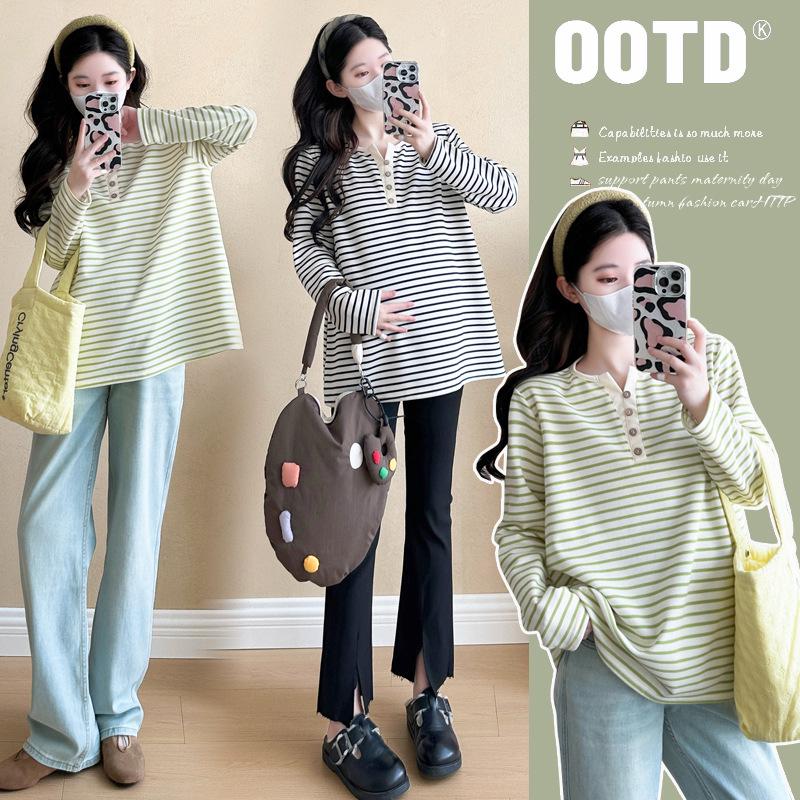 2026 Spring/Summer V-Neck Striped Casual Long Sleeve T-Shirt for Pregnant Women XL