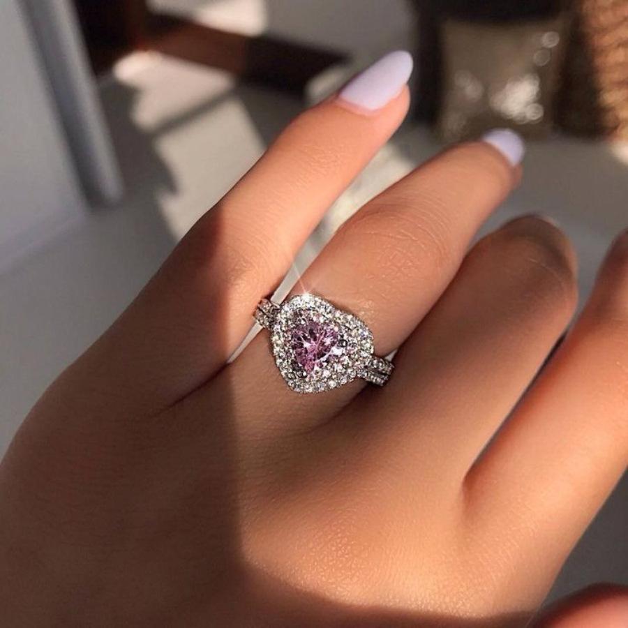 Hot Luxury Heart Shape Pink Silver Color Cute  Promise Ring for Women Girl Party Wedding Gift Trendy Jewelry Size 6-11