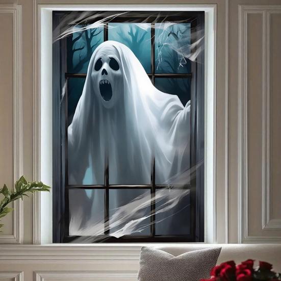 Halloween Window Cover Spooky Ghost Zombie Window Poster Clings Scary Hanging Background Decor for Halloween Party Supplies