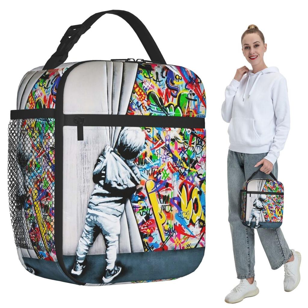 Behind The Curtain Boy - Banksy Street Art Mural Insulated Lunch Bag for Kids School Cooler Thermal Food Box Tote Lunch Boxes
