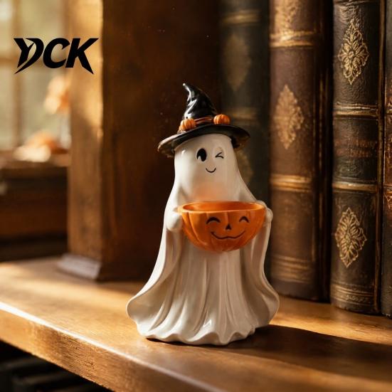 Halloween Table Decorations Resin Ghost Statue with Pumpkin Candy Bowl for Decor, Detailed Tabletop Figures Cute Desktop Organizer Living Room Bedroom