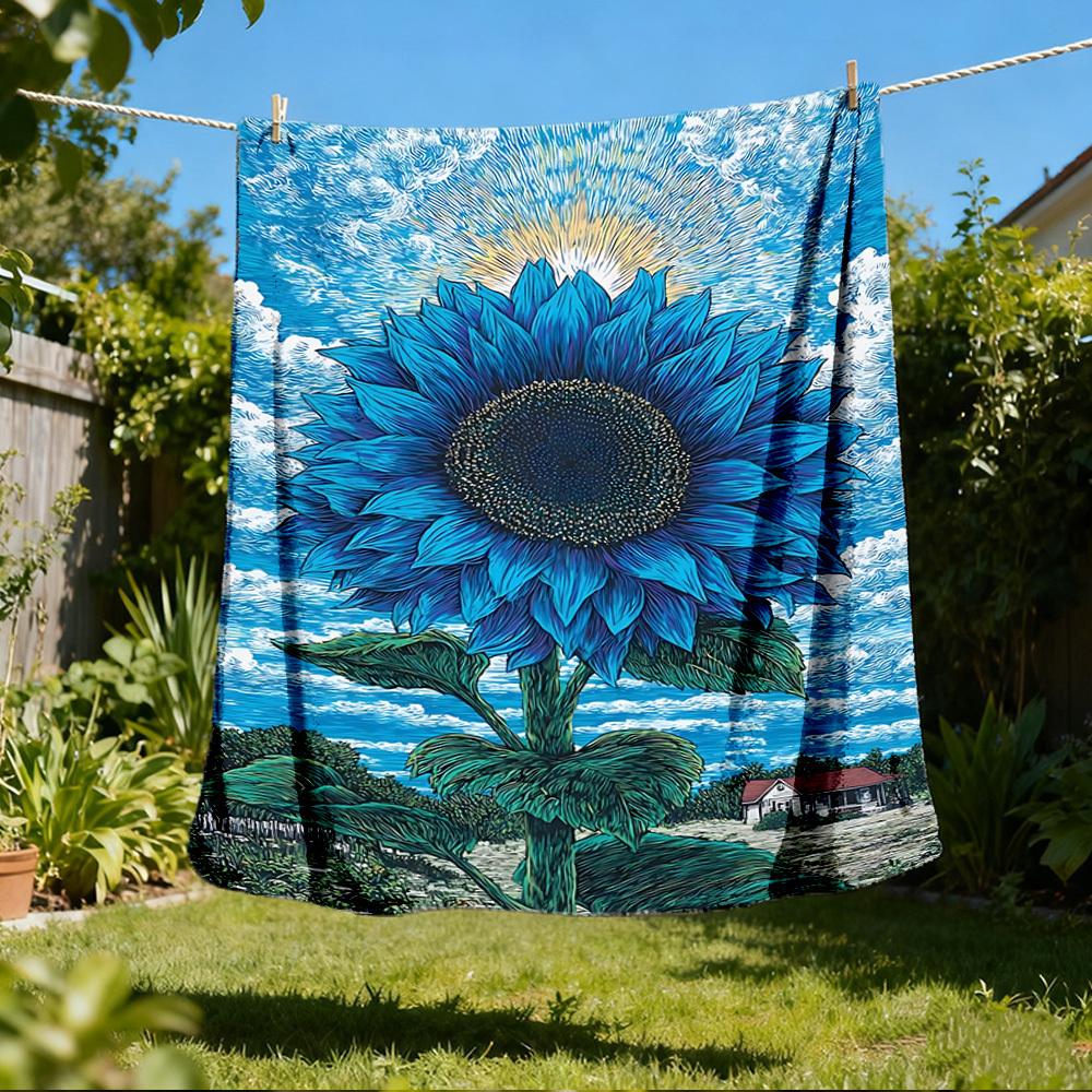 1pc Blue Sunflower Print Throw Blanket Polyester Fiber, Lightweight Flannel, Soft & Warm, All Season Use for Outdoor, Camping Digital Print