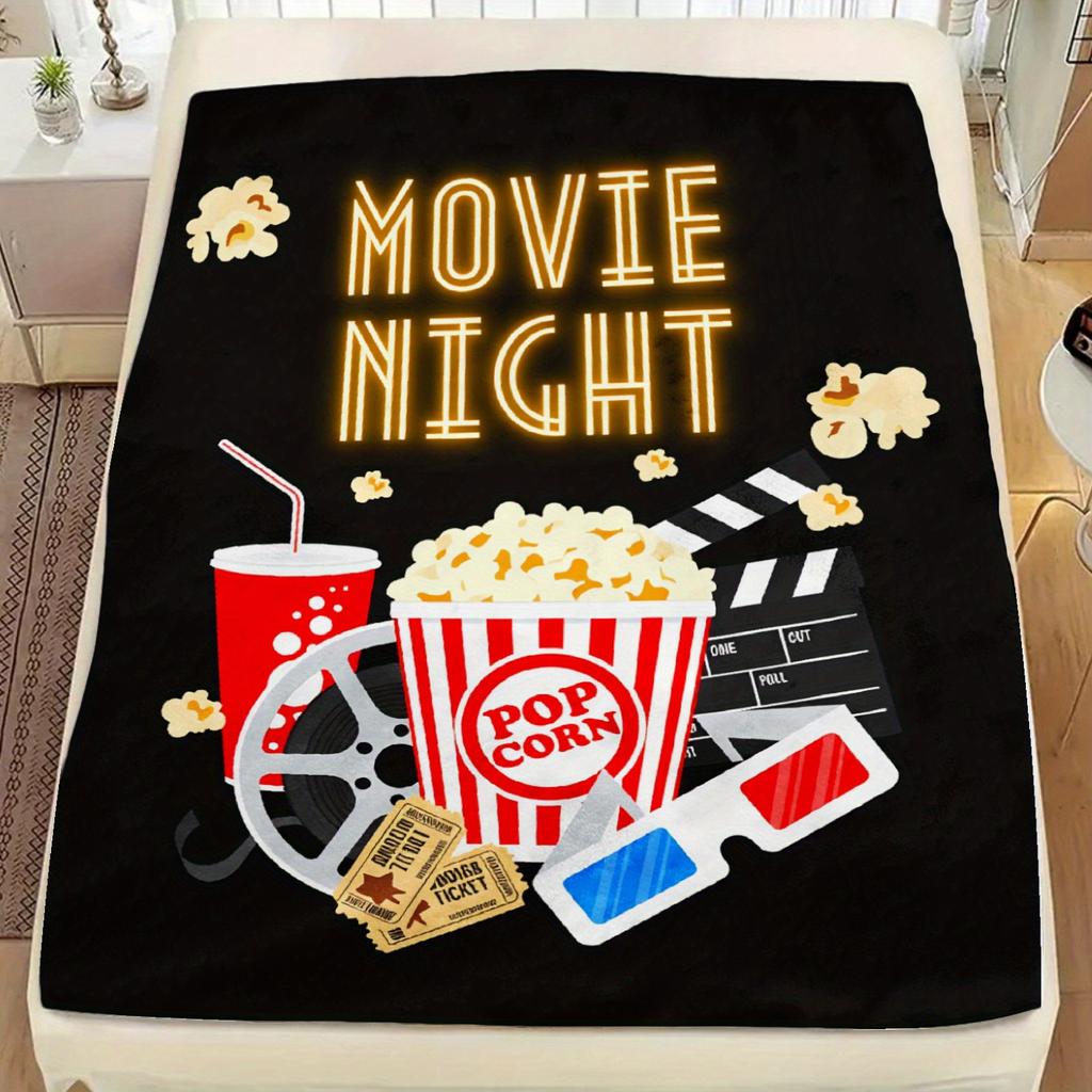 Movie Night Film Reel Popcorn Flannel Blanket, Plush Soft 100% Polyester Cinema Theme for Home Theater Camping Couch Gift