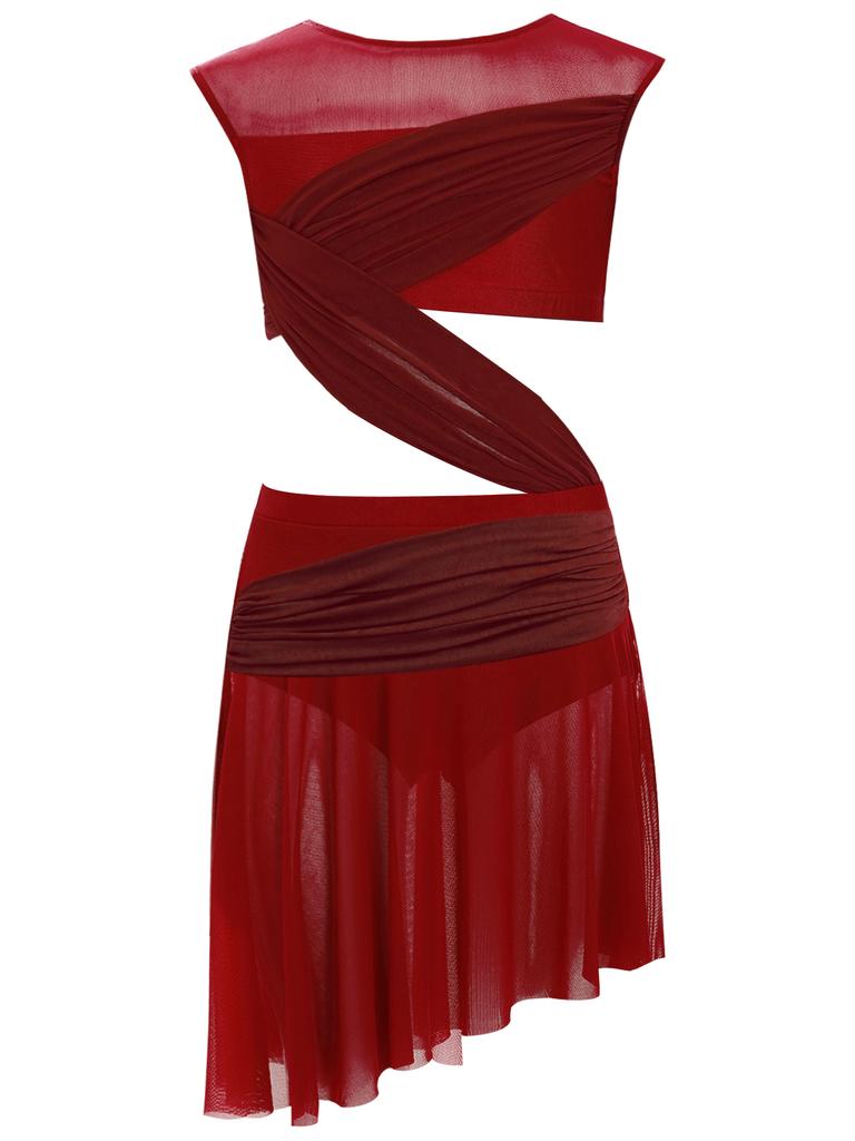 Mergaičių Lyrinio šokio suknelė Vientisa Berankovė Permatomo tinklelio Patchwork Asimetriškas kraštas Pasirodymo kostiumas