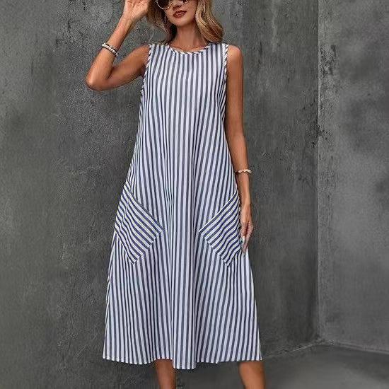 2025 Summer Plus Size Striped Bodycon Mini Dress with Pockets Large