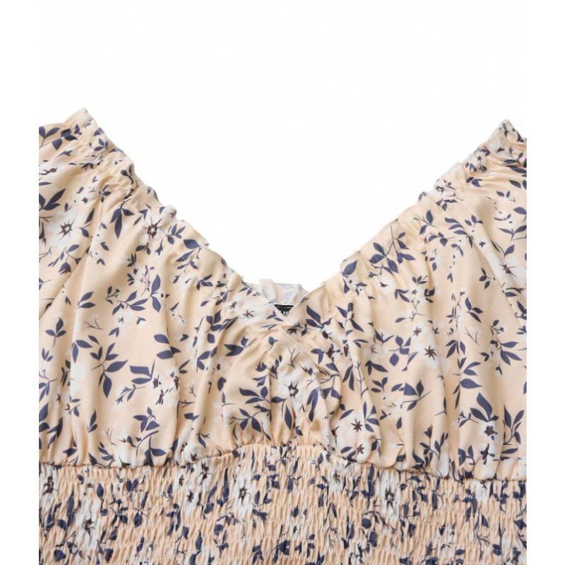 אופנה נשים קיץ אביב דפוס פרח דפוס הדפסה שרוולים קצרים צווארון V גבוה מותן שמלות קז'ואל