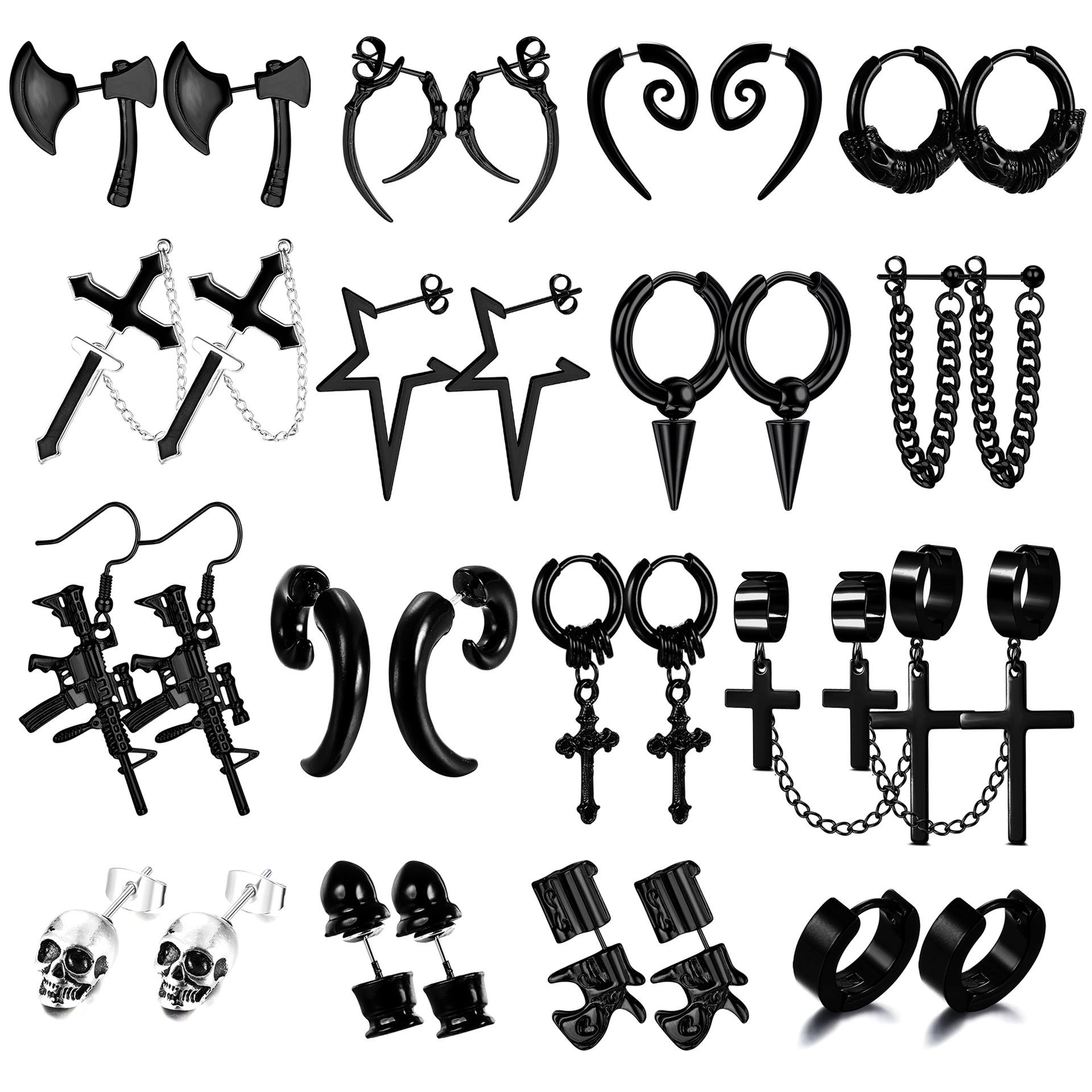 16-Pair Set of Unisex Black Punk-Style Stud Earrings