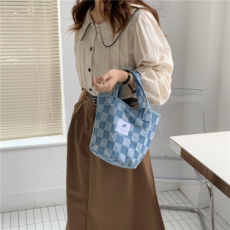 1 Checkerboard Large Capacity Tote Bag Denim Canvas Shoulder Bag Schoolgirl Handbag