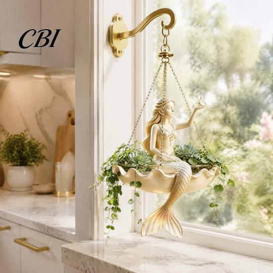 Piccolo Fioriera da Pianta Erbacea Ballerina di Balletto & Sirena Fioriera da Appendere, Vaso da Fiori a Forma di Conchiglia in Resina con Catene Metalliche, Supporto a Parete per Esposizione di Piante Verdi