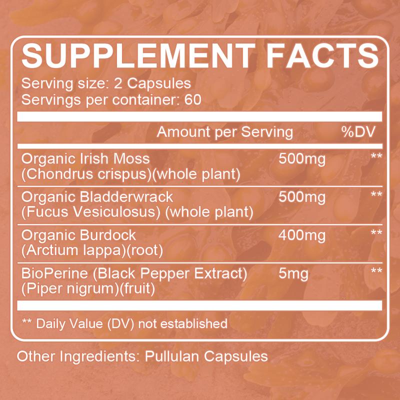 Organic Irish Moss Supplement, With Bladderwrack, Burdock, 120 Capsules Per Bottle