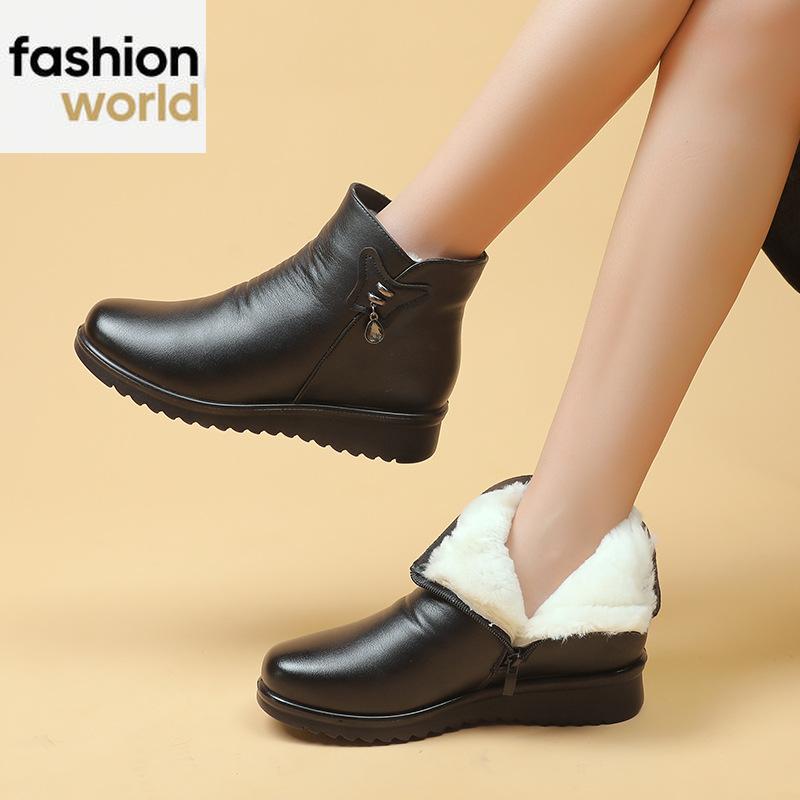 Leather Boots New Middle-aged and Elderly Flat-bottomed Short Boots Female Mothers Warm Cotton Shoes Soft-soled Non-slip