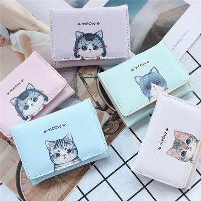 Dámská Krátká peněženka Tri fold Roztomilý kreslený potisk Student Kawaii Cat Malá peněženka Kožená ID Kreditní Karta Držák Dívčí Mini Peněženky