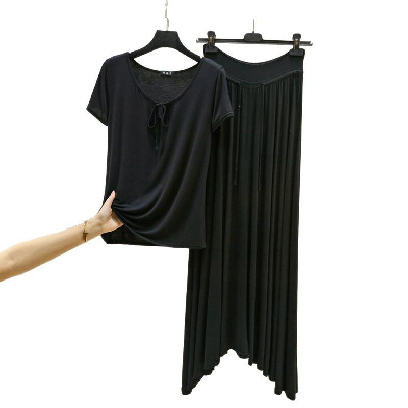 Spring & Summer Modal Tie-Up Round Neck Tee & Drawstring High Waist Long Skirt Set