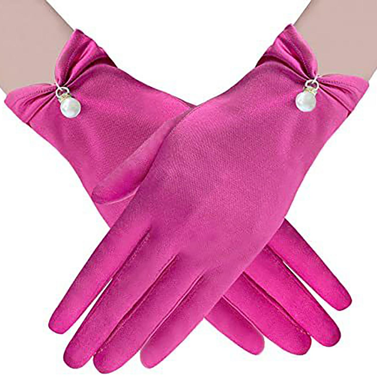 

Атласні рукавички Вечірні рукавички з перловим декором Весільні рукавички для нареченої для офіційного заходу Сценічний реквізит Рукавички для рук гарячі рожевого кольору