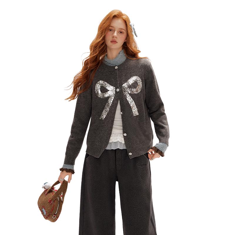

UNIFREE Women s Sequin Bow Knit Cardigan One Size