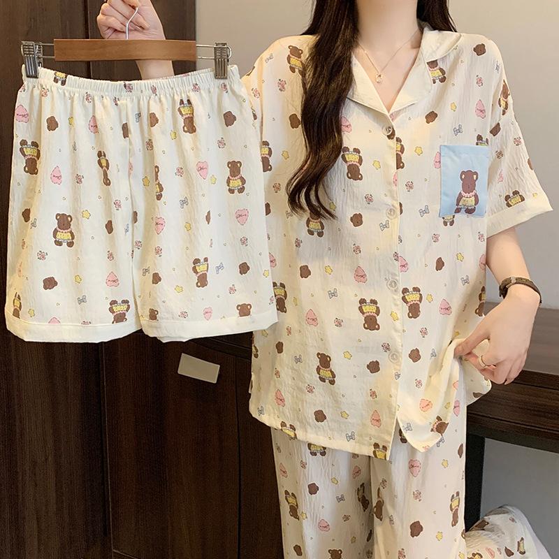 Japanese Sweet Cloud Cotton Pajamas Women'S Summer Short-Sleeved Three-Piece Set Thin Cartoon Bear Loungewear