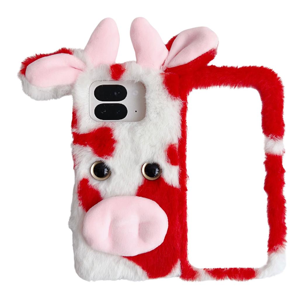 For Google Pixel 9 Pro Fold 5G Case Fluffy Cute Cow Winter Plush Inner TPU Phone Cover