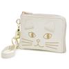 Anes Cat Embroidered Pass Case, Coin Purse, Anti-Loss, with Reel and Zipper, Driver's License, IC Card, Leather, Cat Design #p415 (Ivory)