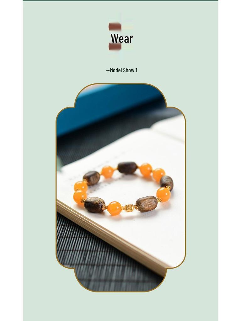 Green Kinam Agarwood Jujube & Amber Beaded Bracelet with 925 Silver Accents