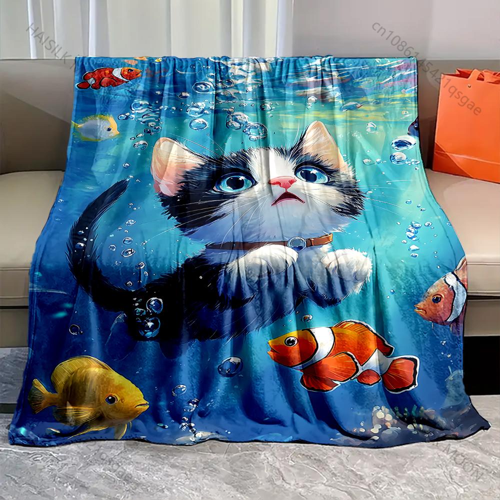 1PC Cat Swimming Underwater Print Adult Children Warm Blankets Home Travel Car Soft and Comfortable Suitable for All Seasons