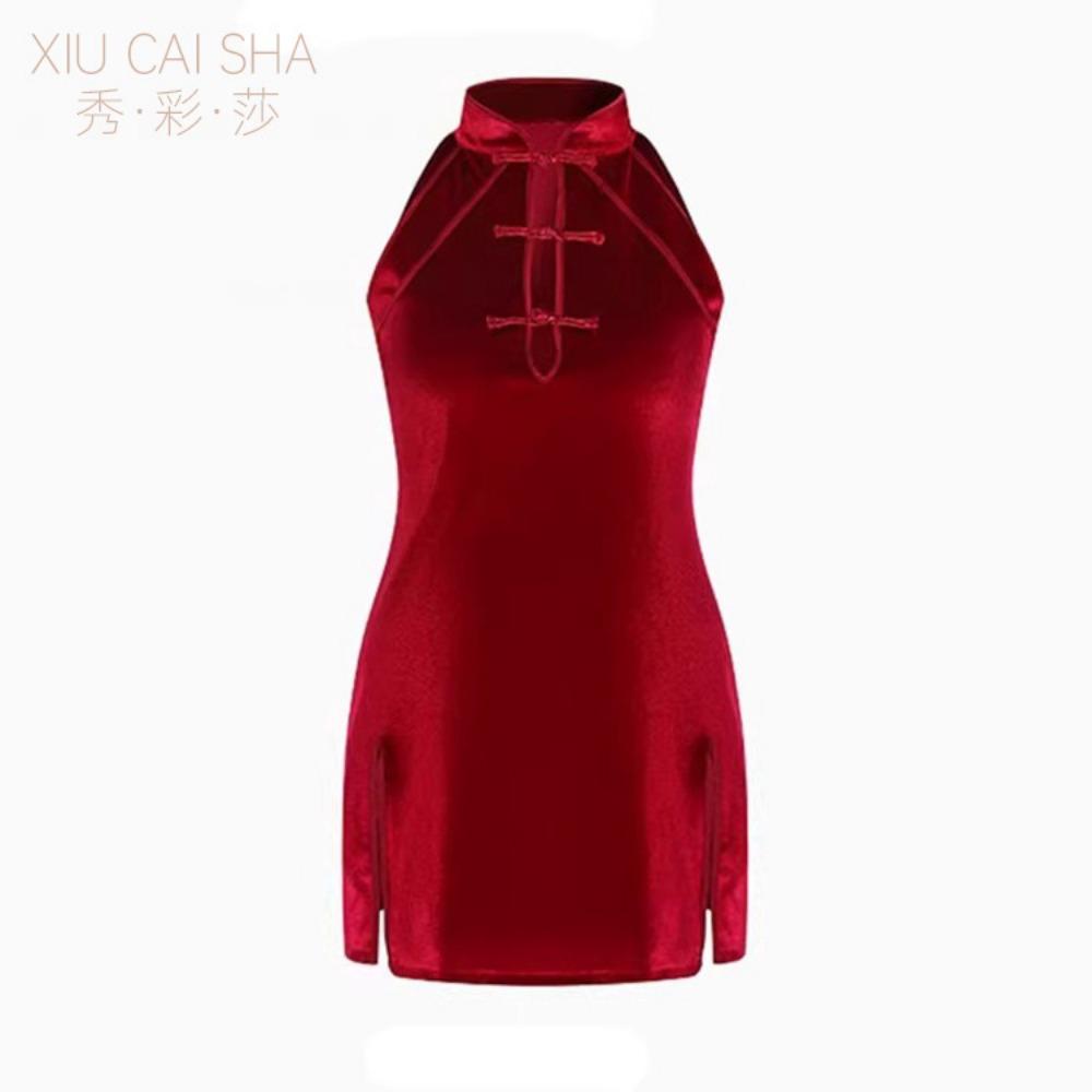 Sexy Lingerie Velvet Cheongsam Hanfu Hip-wrapped Retro Stand-up Collar Uniform Set Free Clothing Bed Pajamas
