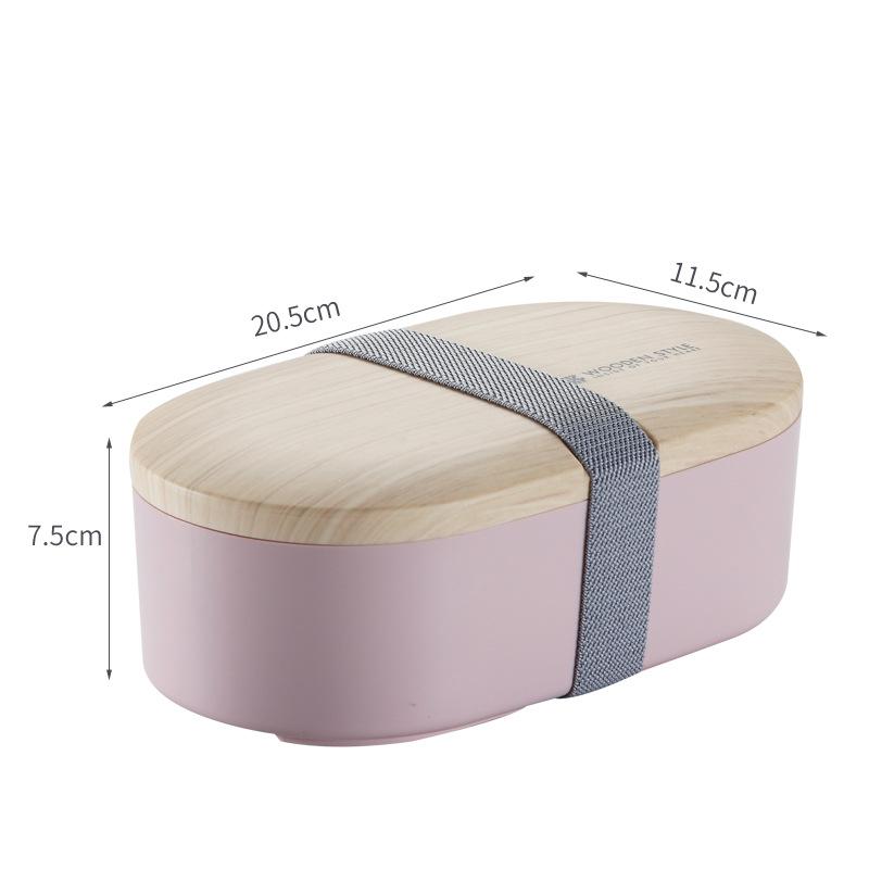 Oval Lunch Box Single-layer Food Grade PP Wood Style Lunch Case Cutlery Sealed Leak-proof Dinner Container with Spoon