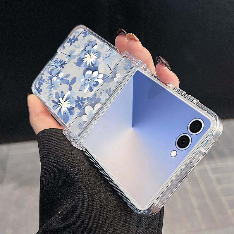 For Samsung Z Flip 7 6 5 4 Case Magnetic For Magsafe Blue and White Flowers Hinged Hard PC Folding Cover For Galaxy Z Flip7 Flip6 Flip5