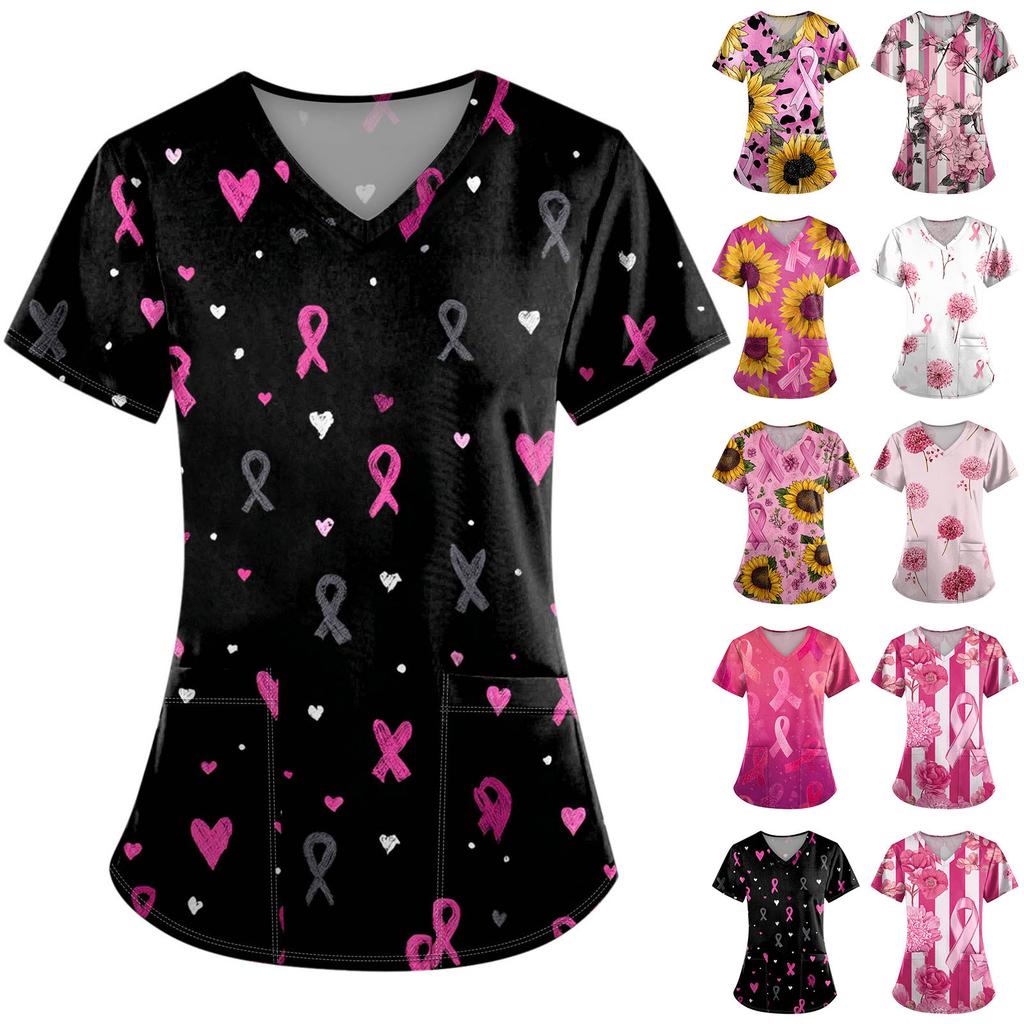 Dámská móda Overal s V výstřihem a krátkým rukávem s kapsami Potištěné topy Oblečení