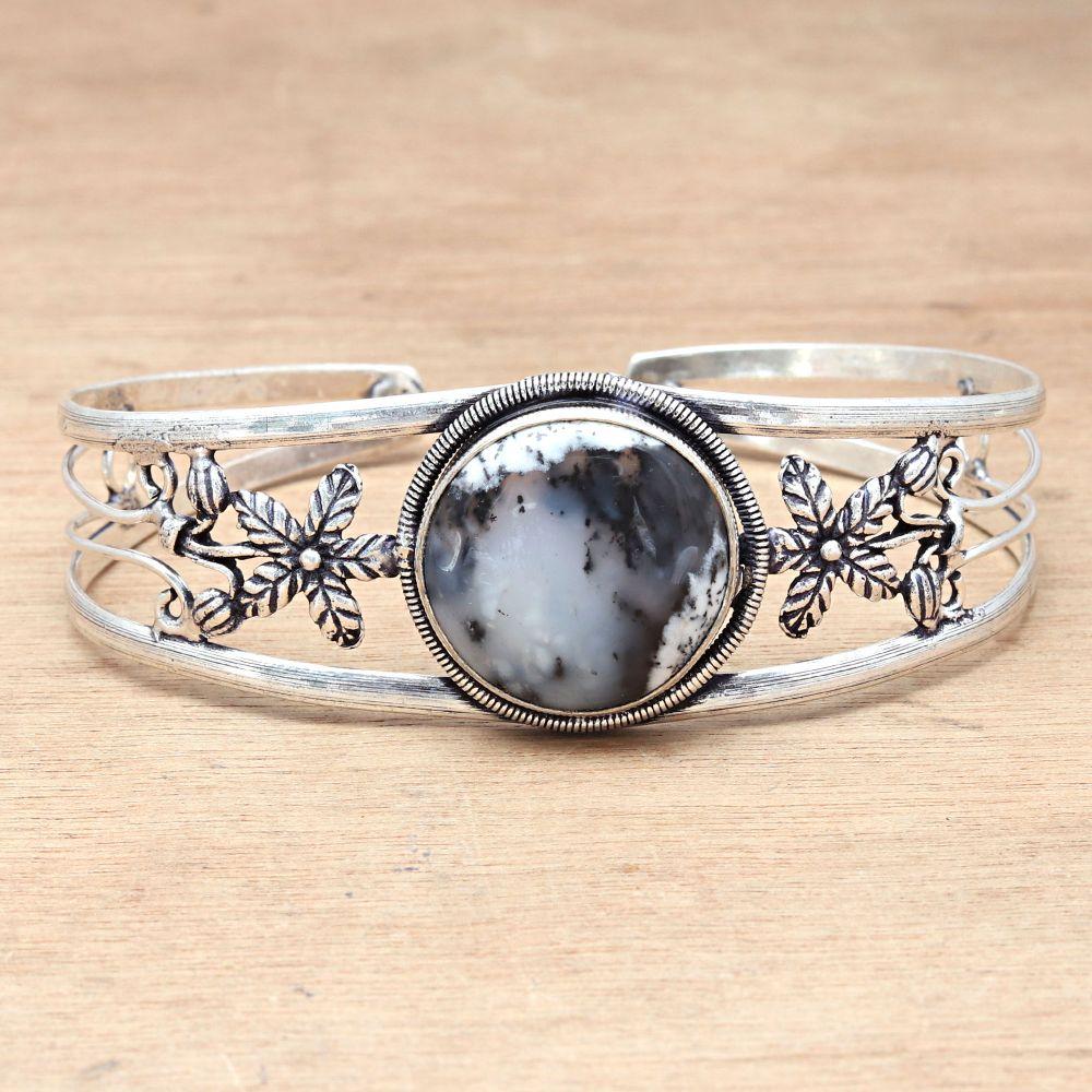 Dendritic Opal Gemstone Handmade Silver Jewelry Cuff Bracelets 7''Adjustable