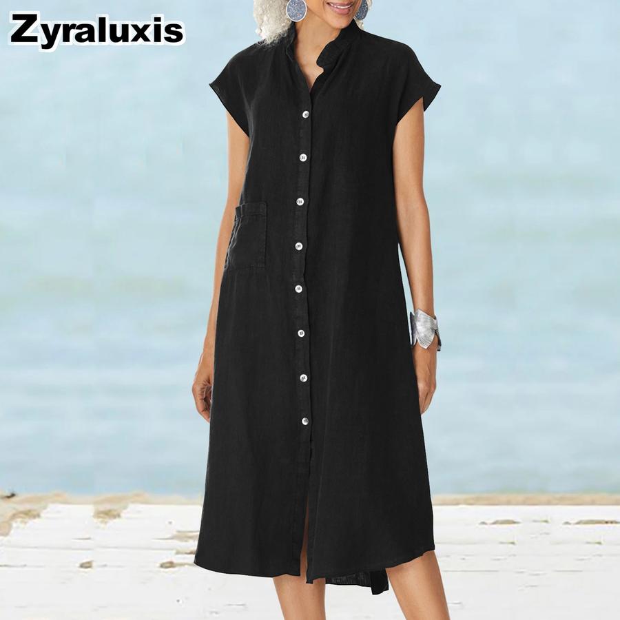 New Stand Collar One-Button Cotton Linen Pocket Oversized Dress Shirt Dress
