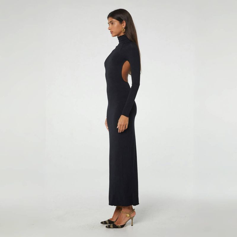 

2025 Early Autumn Retro the Style with Hemming in Black Turtleneck Tall Dress Classy Silm Backless Long Sleeves Dress Black M
