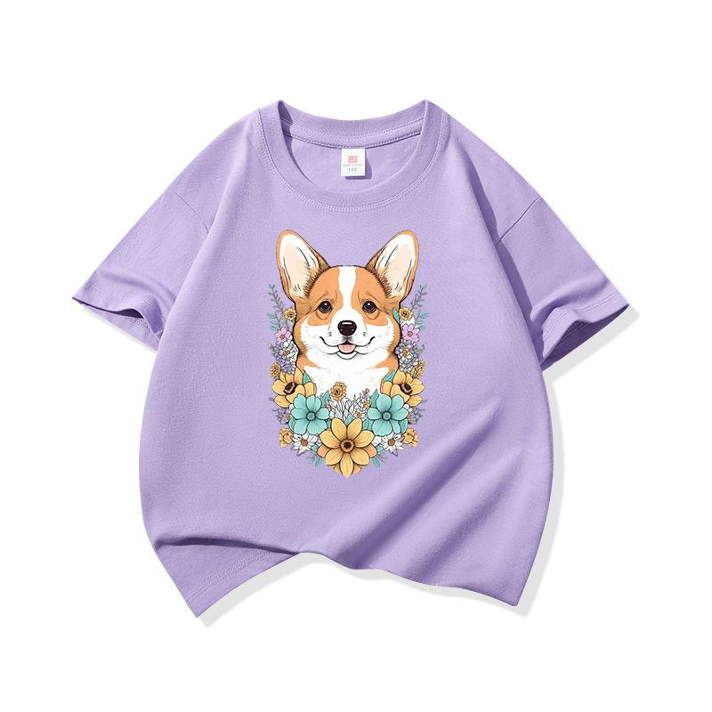 Welsh Corgi Surrounded Colorful Blooms Graphic Tee Kids 100 Cotton Crew Neck T Shirt Cute Puppy Print Short Sleeve Stylish Top