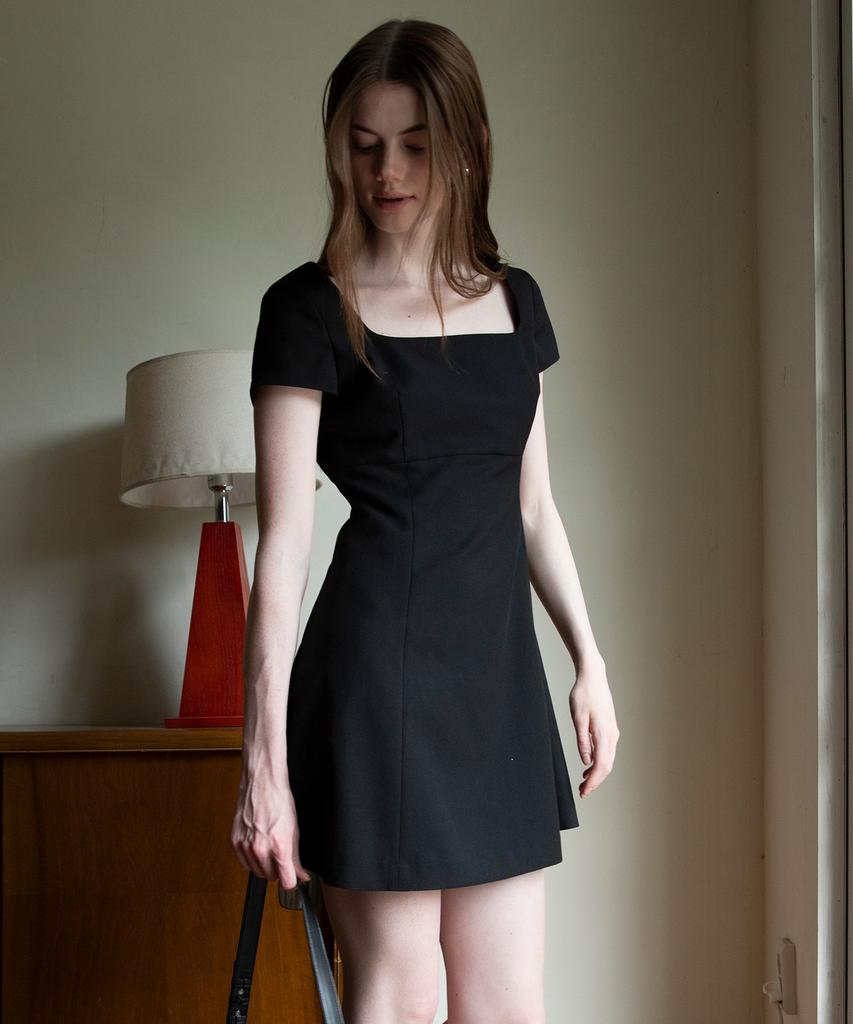 Plack Woman Square Neck Mini Dress