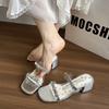 French bow thick heel slippers women's outer wear 2025 summer new with skirt high heel one word with fashion slippers