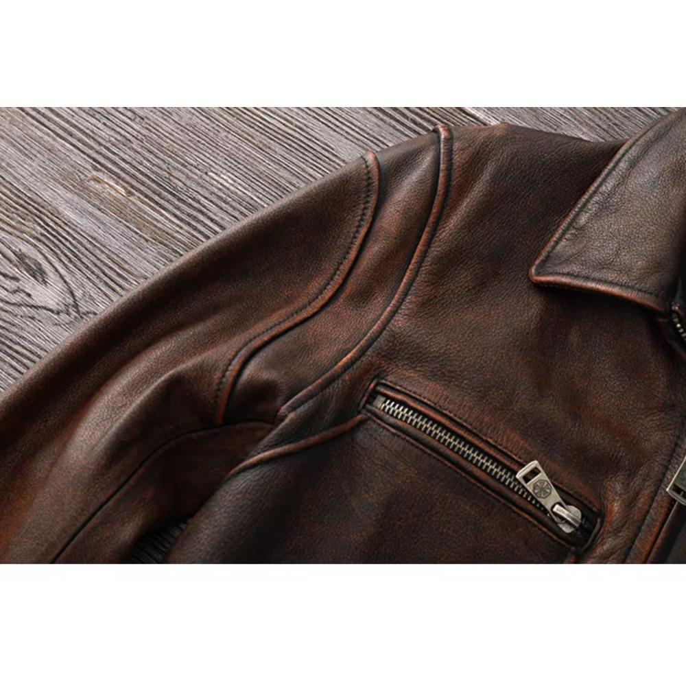 Chinese Size Vintage Red Browm Genuine Leather Jacket Light Coated First Layer Cowhide  Men Leather Jacket Fall and Winter
