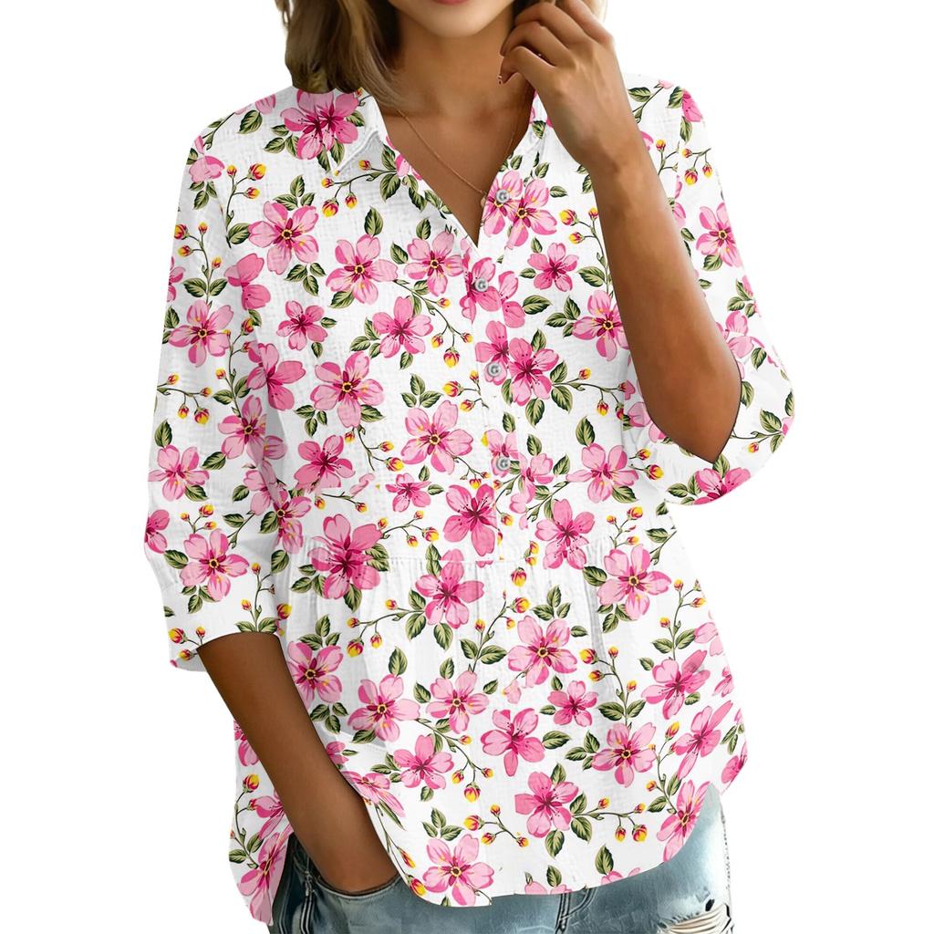 Damen Knopfleiste Hemd Vintage Blumenmuster Dreiviertelärm Lockerer Schnitt Bluse mit Kragen Lässig Leichtes Oberteil