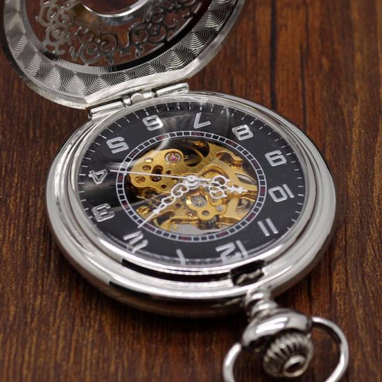 Retro Unisex Hollow Flower Round Dial Hand Winding Chain Mechanical Pocket Watch