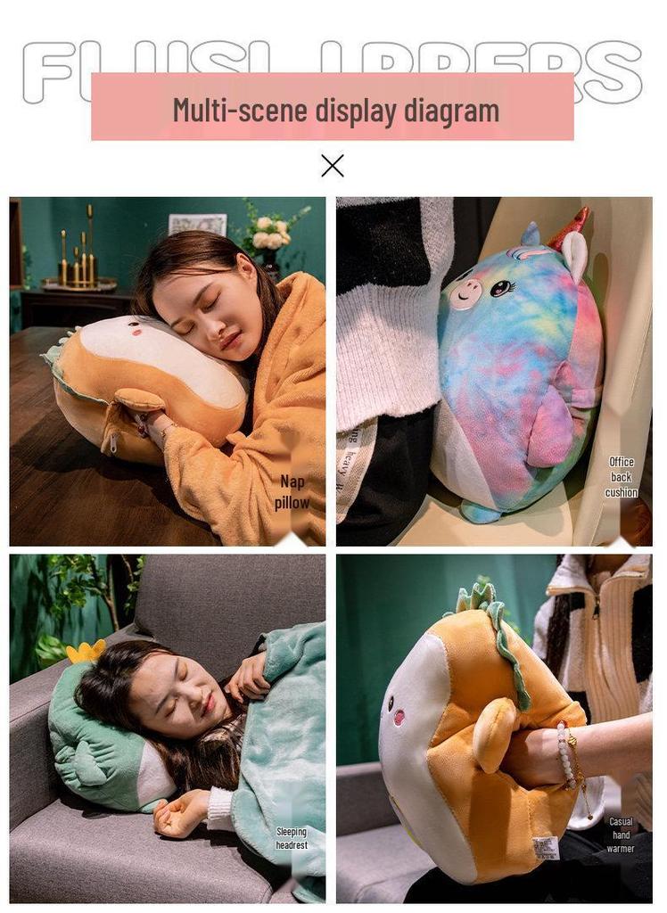 Cartoon 2-in-1 Cushion & Blanket: Dual-Use Hand Warmer, Leg Cover, Nap Pillow Doll for Office