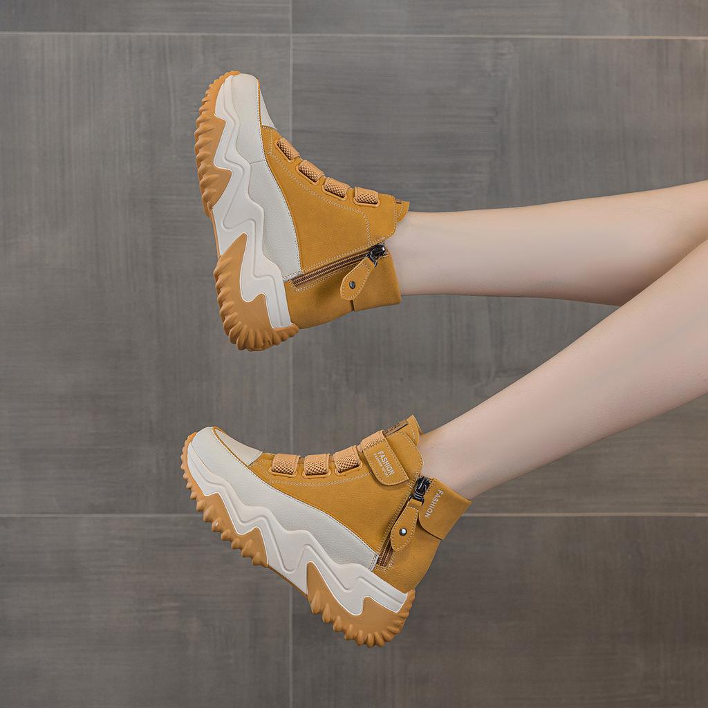 Leather high-top dad shoes autumn new thick-soled Velcro breathable double zipper casual shoes