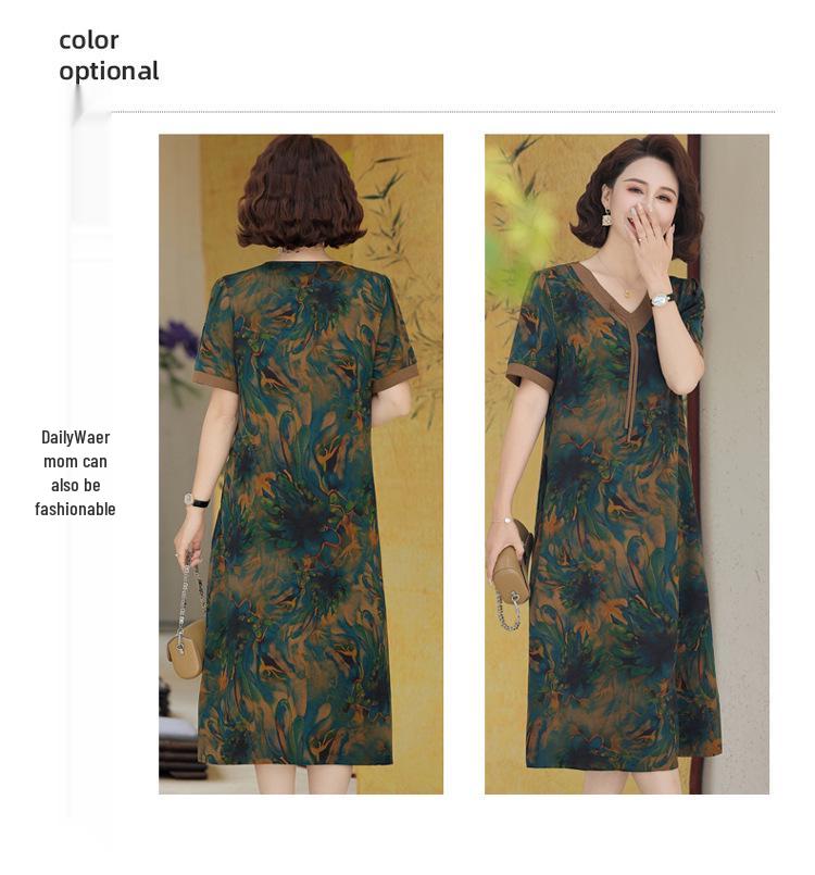 Elegant Short Sleeve Plus Size Summer Dress for Middle-Aged and Elderly Women