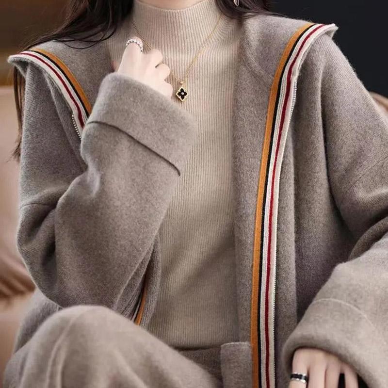 Cardigan Lungo Con Cappuccio Per Donna, Maglione Aperto Morbido E Caldo, Tinta Unita Grigio