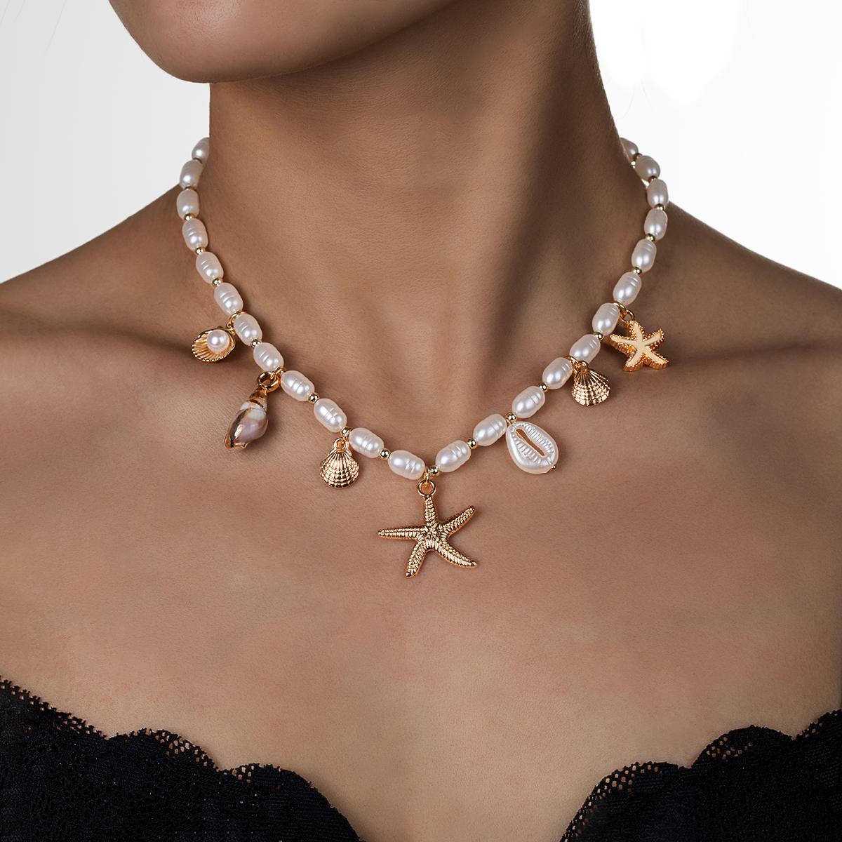 Holiday beach style alloy starfish pendant necklace acrylic shell conch tassel imitation pearl short necklace