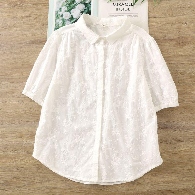 

2025 Summer Embroidered Jacquard White Cotton Shirts Women s Short-Sleeved Simple Commuter All-Match Shirt Bottoming Shirt Top White M