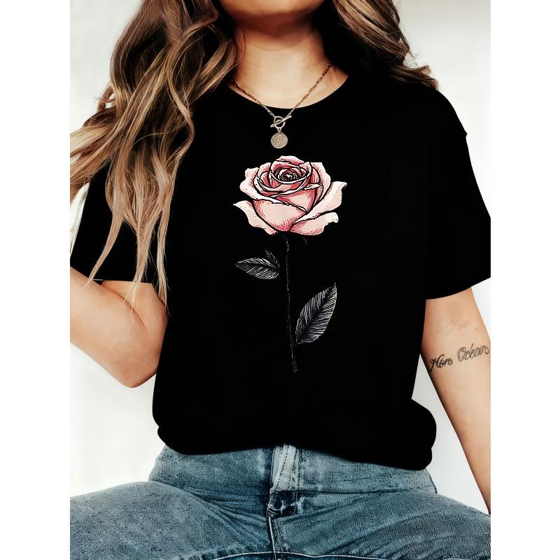 

European sizes Women s T-shirt -hand washmachine wash, for daily casual wear Pink Rose with Stem And Leaves Opaque, comfortable, and versatile 4XL чорний
