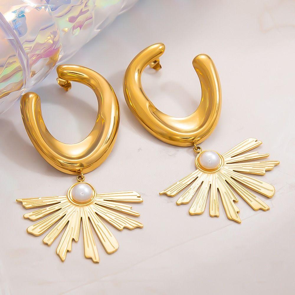 Gold Color Sector Geometric Earrings Hollow Out Pendant Leaf Earrings  Gift