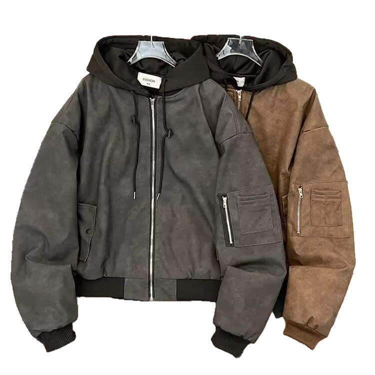 Retro American Style Men's Leather Jacket Coat Spring Autumn Casual Hooded Vintage Fashion High Street Japanese Style Coat